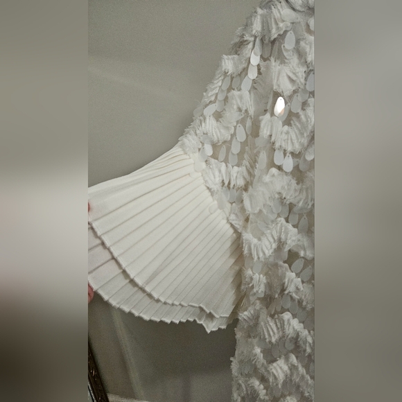 WHY DRESS Elegant SequinTextured Blouse w/Pleated Accordian Sleeves White. M NWT - Picture 9 of 15